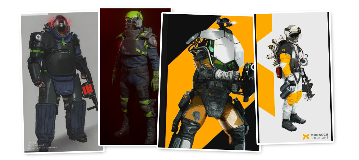 "A compilation of images of various screenshots of science-fiction armor seen in Quantum Break and Control."